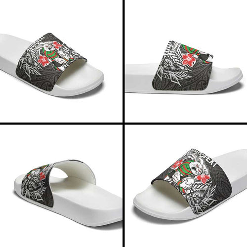 Personalised South Sydney Rabbitohs Slide Sandals Polynesian Tribal Pattern With Rugby Rabbit Mascot Art