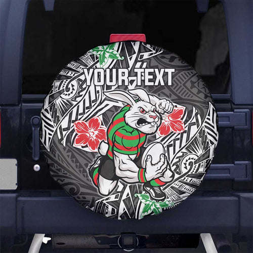 Personalised South Sydney Rabbitohs Spare Tire Cover Polynesian Tribal Pattern With Rugby Rabbit Mascot Art
