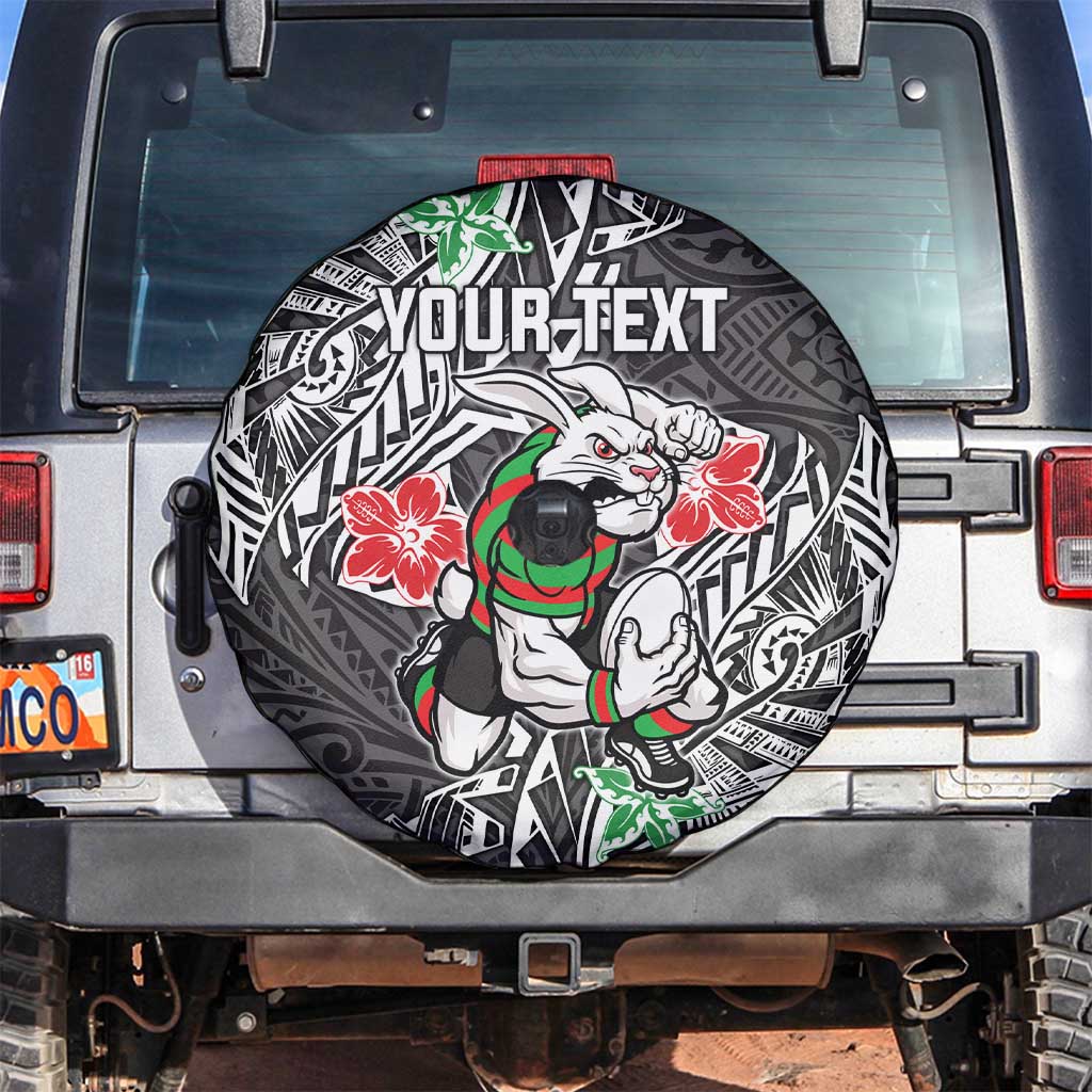 Personalised South Sydney Rabbitohs Spare Tire Cover Polynesian Tribal Pattern With Rugby Rabbit Mascot Art