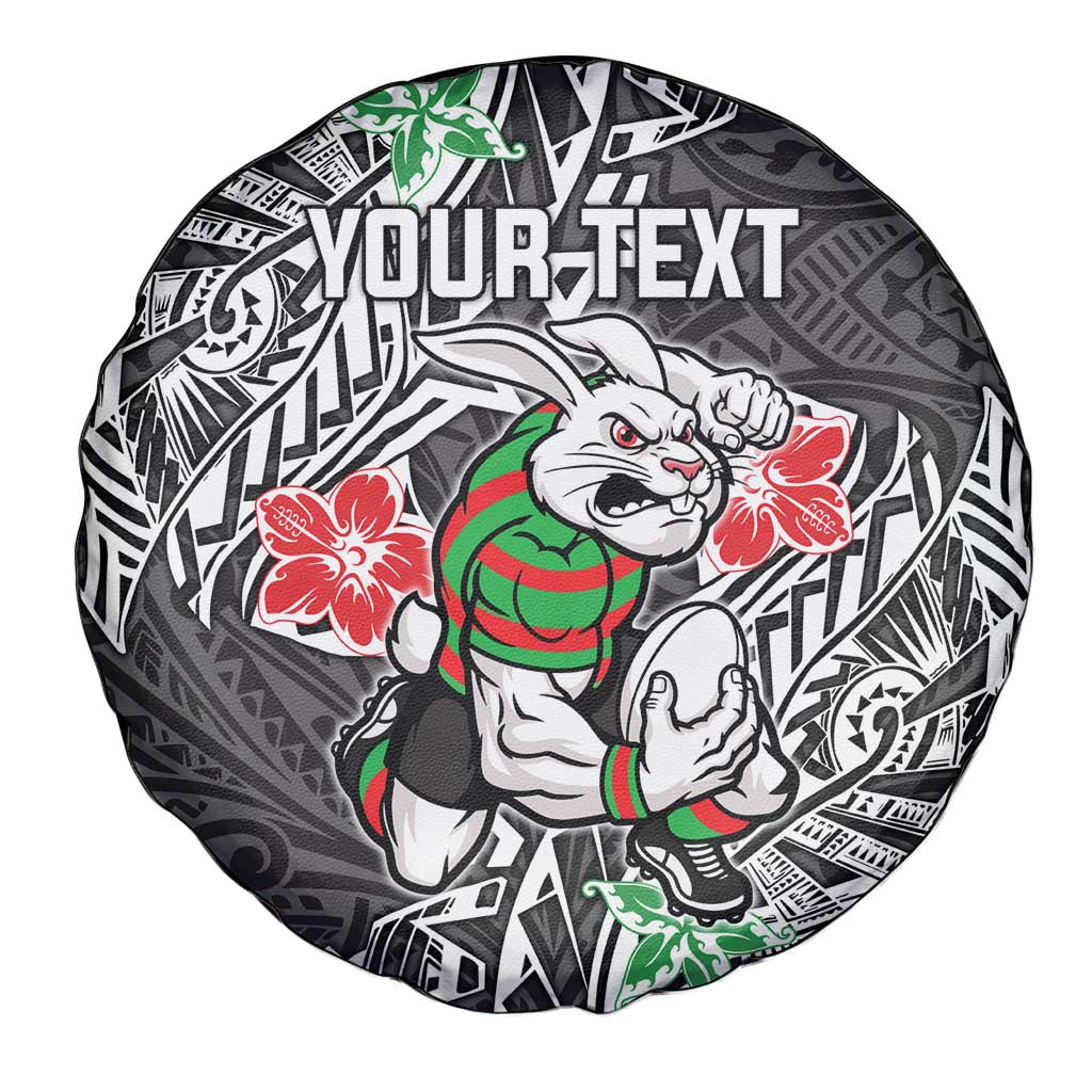 Personalised South Sydney Rabbitohs Spare Tire Cover Polynesian Tribal Pattern With Rugby Rabbit Mascot Art