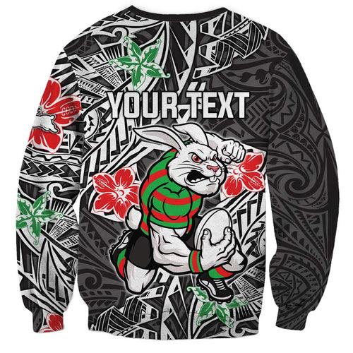 Personalised South Sydney Rabbitohs Sweatshirt Polynesian Tribal Pattern With Rugby Rabbit Mascot Art