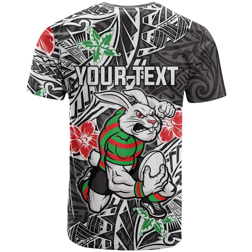 Personalised South Sydney Rabbitohs T Shirt Polynesian Tribal Pattern With Rugby Rabbit Mascot Art