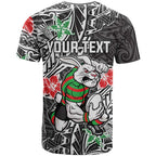 Personalised South Sydney Rabbitohs T Shirt Polynesian Tribal Pattern With Rugby Rabbit Mascot Art
