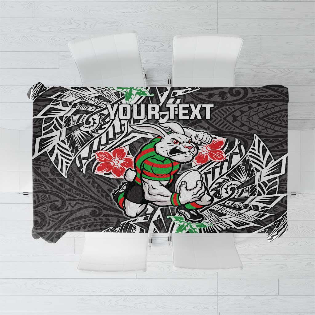 Personalised South Sydney Rabbitohs Tablecloth Polynesian Tribal Pattern With Rugby Rabbit Mascot Art
