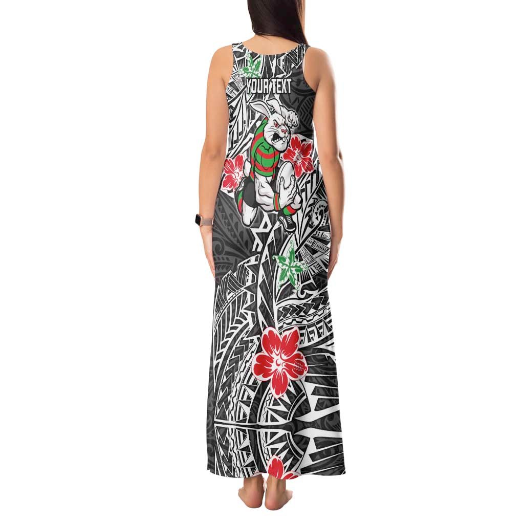 Personalised South Sydney Rabbitohs Tank Maxi Dress Polynesian Tribal Pattern With Rugby Rabbit Mascot Art
