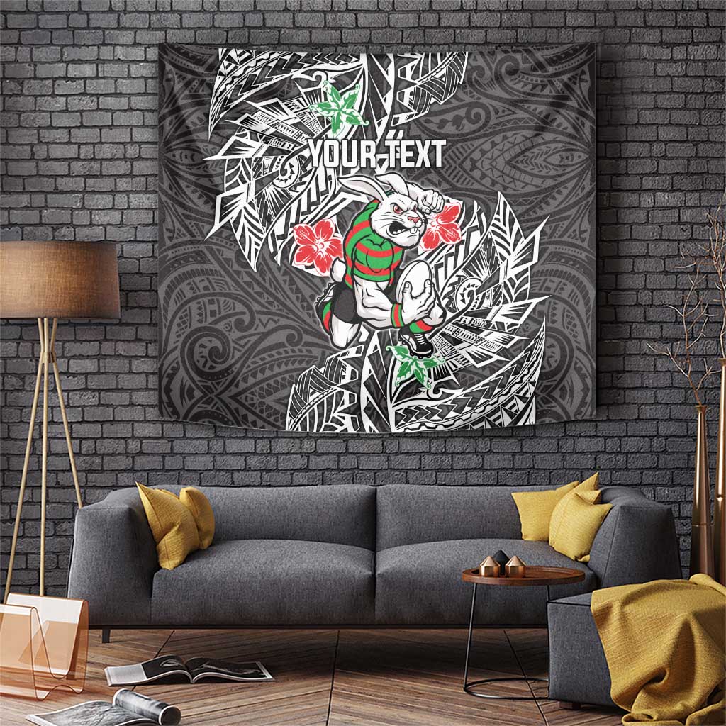 Personalised South Sydney Rabbitohs Tapestry Polynesian Tribal Pattern With Rugby Rabbit Mascot Art