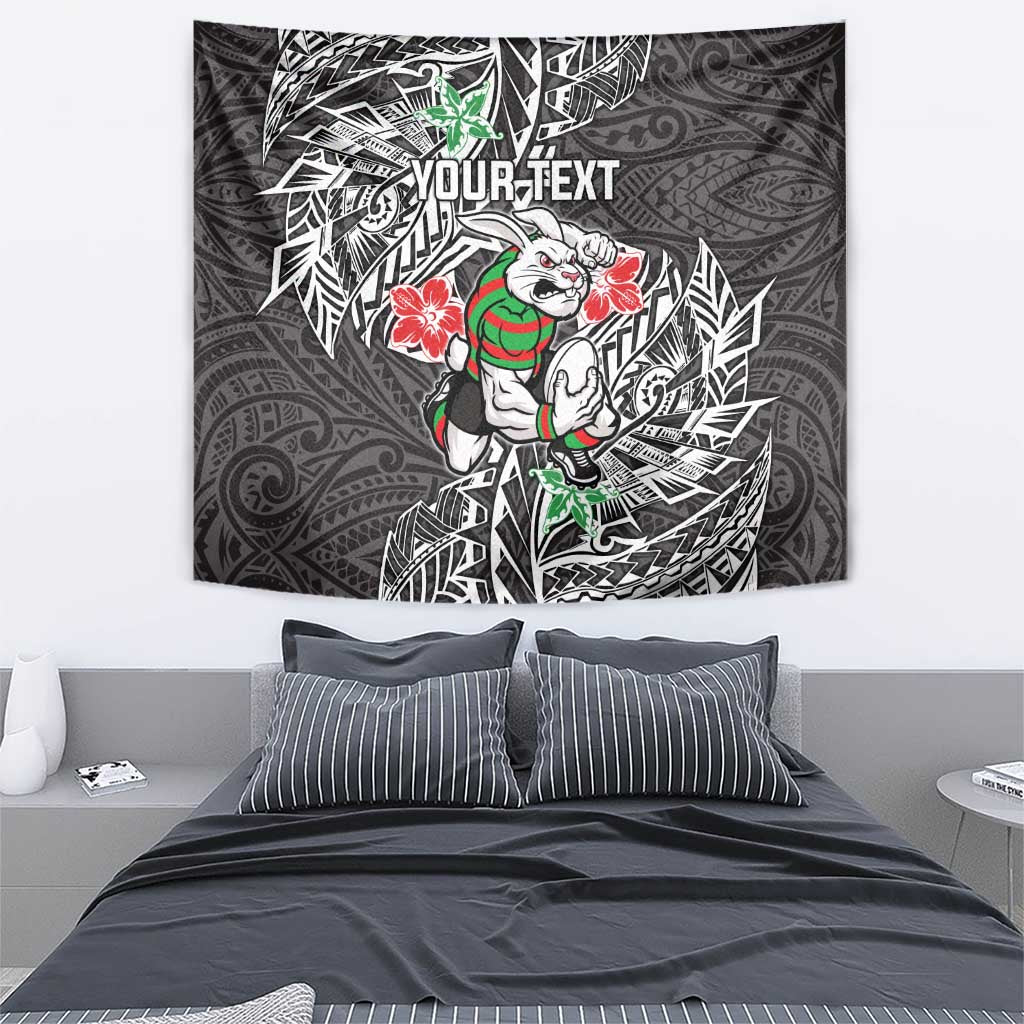 Personalised South Sydney Rabbitohs Tapestry Polynesian Tribal Pattern With Rugby Rabbit Mascot Art