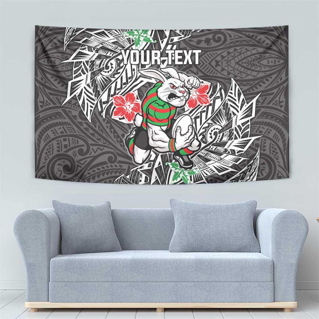 Personalised South Sydney Rabbitohs Tapestry Polynesian Tribal Pattern With Rugby Rabbit Mascot Art