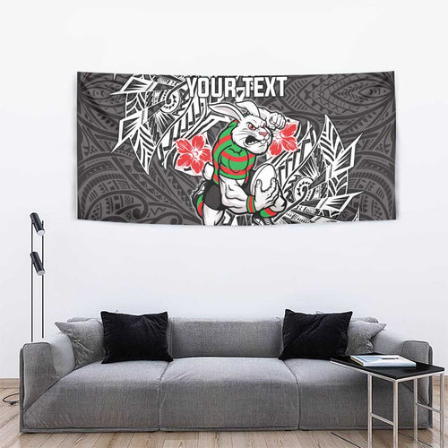 Personalised South Sydney Rabbitohs Tapestry Polynesian Tribal Pattern With Rugby Rabbit Mascot Art