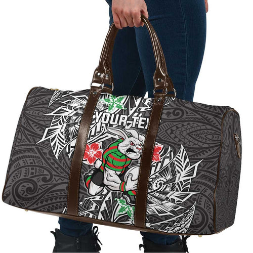 Personalised South Sydney Rabbitohs Travel Bag Polynesian Tribal Pattern With Rugby Rabbit Mascot Art