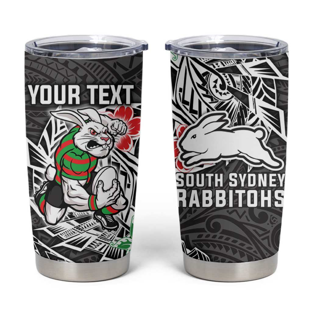Personalised South Sydney Rabbitohs Tumbler Cup Polynesian Tribal Pattern With Rugby Rabbit Mascot Art
