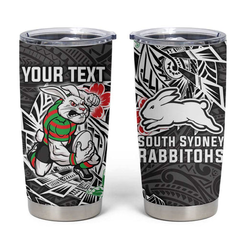 Personalised South Sydney Rabbitohs Tumbler Cup Polynesian Tribal Pattern With Rugby Rabbit Mascot Art