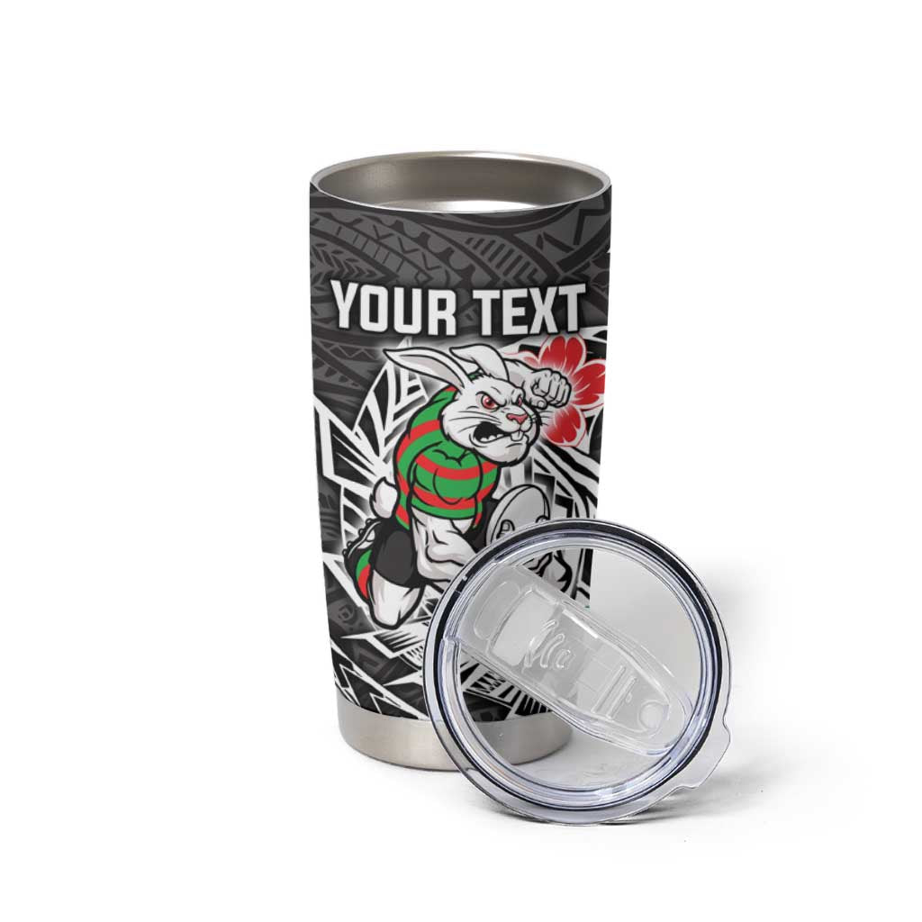 Personalised South Sydney Rabbitohs Tumbler Cup Polynesian Tribal Pattern With Rugby Rabbit Mascot Art