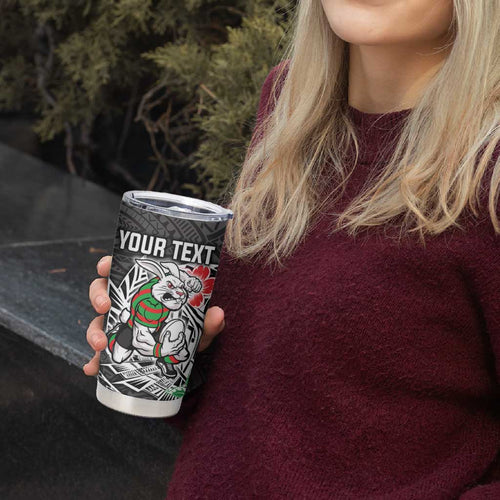 Personalised South Sydney Rabbitohs Tumbler Cup Polynesian Tribal Pattern With Rugby Rabbit Mascot Art