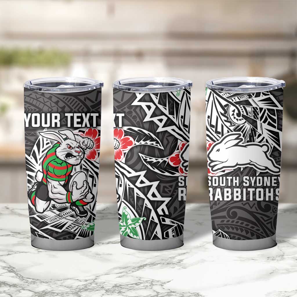 Personalised South Sydney Rabbitohs Tumbler Cup Polynesian Tribal Pattern With Rugby Rabbit Mascot Art