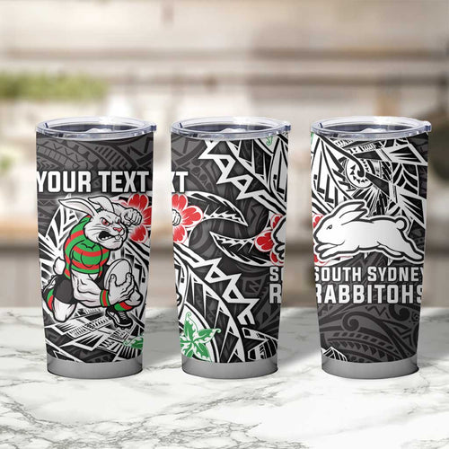 Personalised South Sydney Rabbitohs Tumbler Cup Polynesian Tribal Pattern With Rugby Rabbit Mascot Art