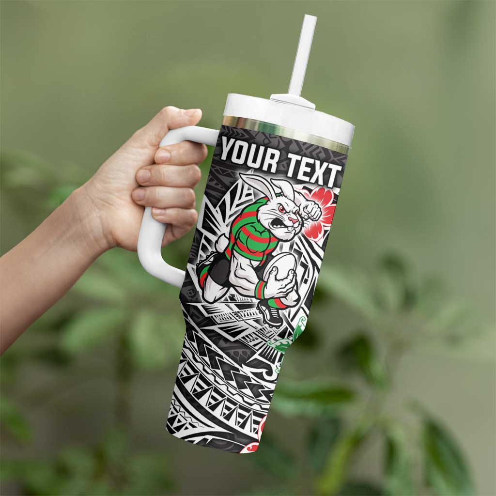 Personalised South Sydney Rabbitohs Tumbler With Handle Polynesian Tribal Pattern With Rugby Rabbit Mascot Art