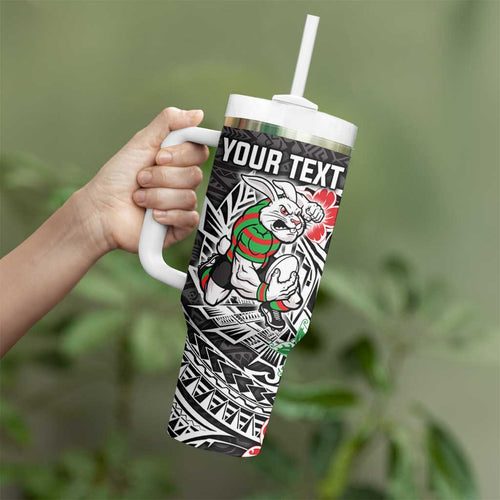 Personalised South Sydney Rabbitohs Tumbler With Handle Polynesian Tribal Pattern With Rugby Rabbit Mascot Art