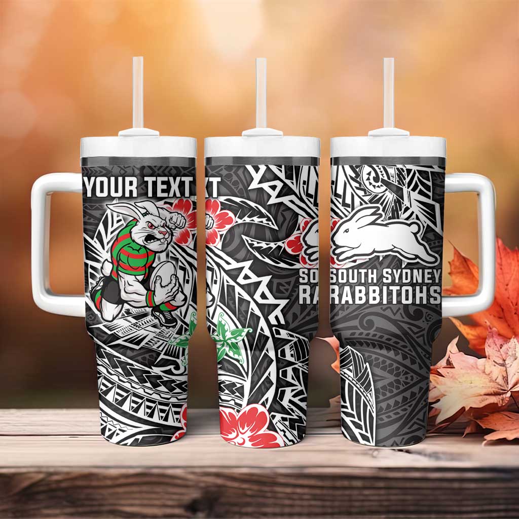 Personalised South Sydney Rabbitohs Tumbler With Handle Polynesian Tribal Pattern With Rugby Rabbit Mascot Art