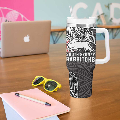Personalised South Sydney Rabbitohs Tumbler With Handle Polynesian Tribal Pattern With Rugby Rabbit Mascot Art