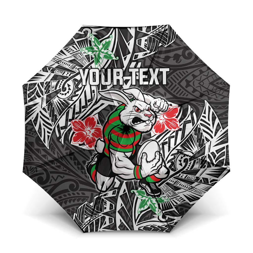 Personalised South Sydney Rabbitohs Umbrella Polynesian Tribal Pattern With Rugby Rabbit Mascot Art