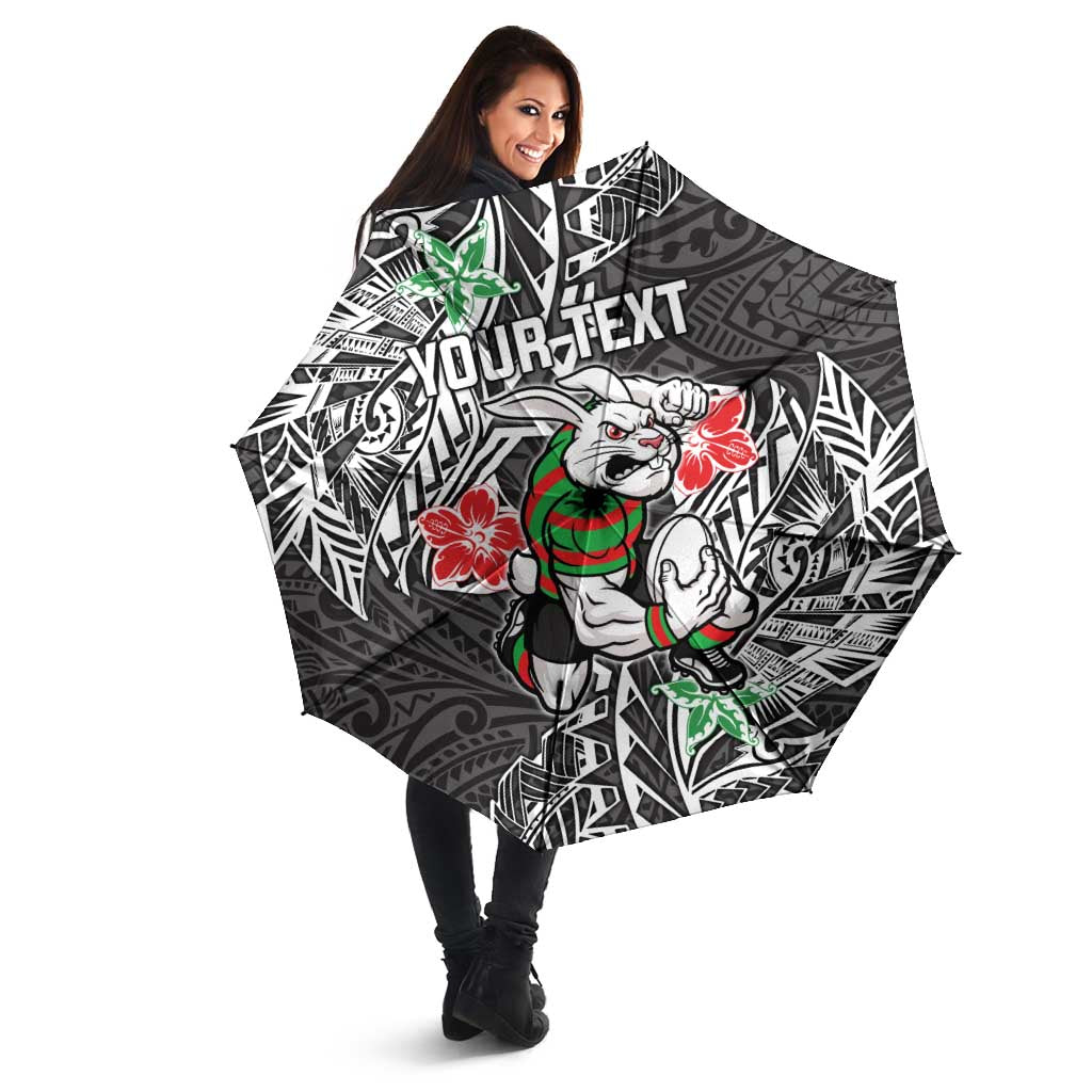 Personalised South Sydney Rabbitohs Umbrella Polynesian Tribal Pattern With Rugby Rabbit Mascot Art