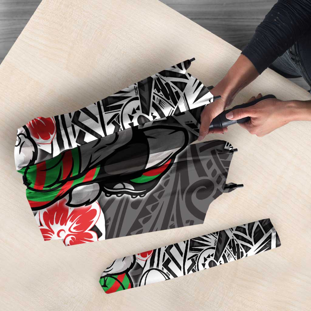 Personalised South Sydney Rabbitohs Umbrella Polynesian Tribal Pattern With Rugby Rabbit Mascot Art