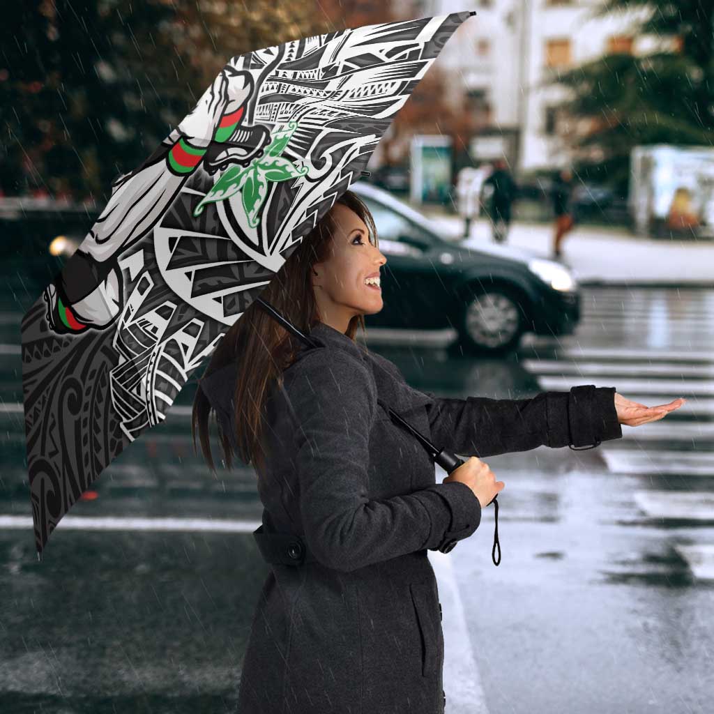 Personalised South Sydney Rabbitohs Umbrella Polynesian Tribal Pattern With Rugby Rabbit Mascot Art