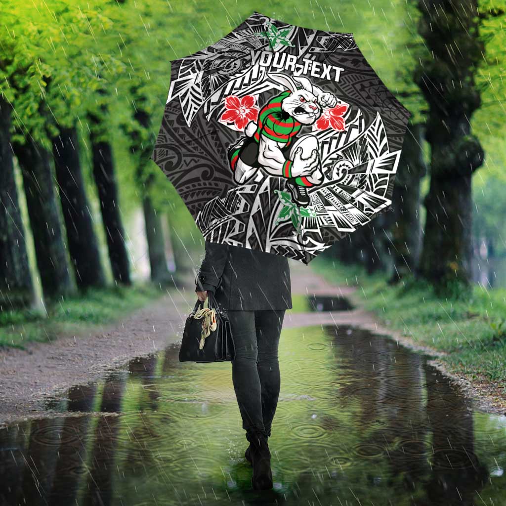 Personalised South Sydney Rabbitohs Umbrella Polynesian Tribal Pattern With Rugby Rabbit Mascot Art