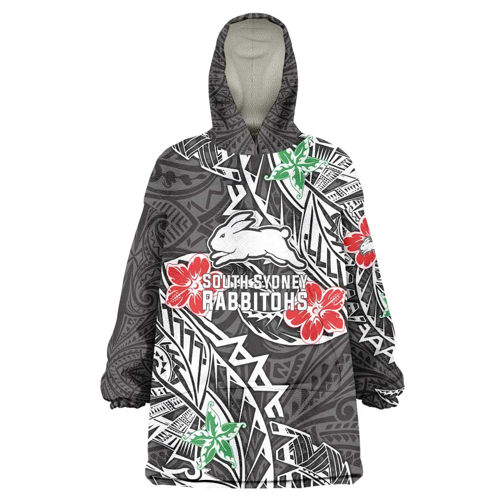 Personalised South Sydney Rabbitohs Wearable Blanket Hoodie Polynesian Tribal Pattern With Rugby Rabbit Mascot Art