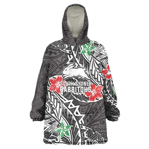 Personalised South Sydney Rabbitohs Wearable Blanket Hoodie Polynesian Tribal Pattern With Rugby Rabbit Mascot Art