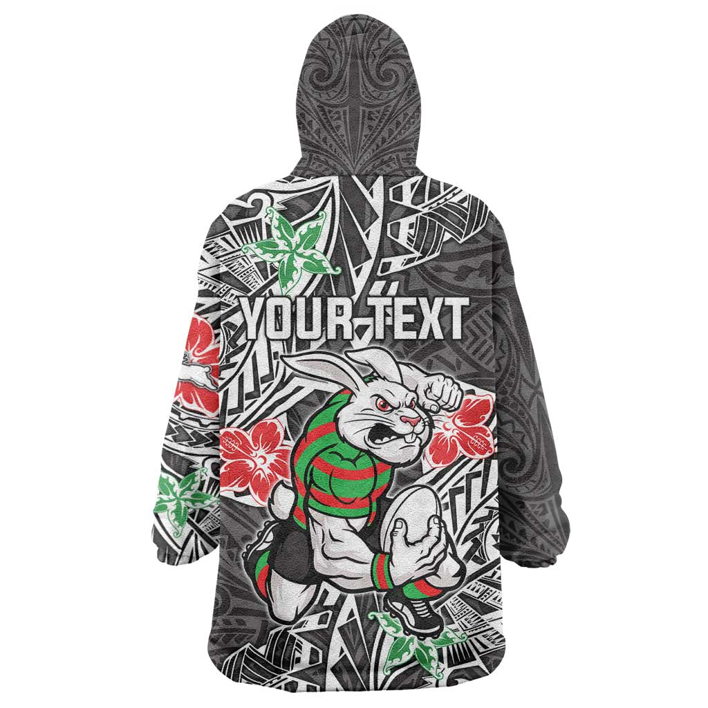 Personalised South Sydney Rabbitohs Wearable Blanket Hoodie Polynesian Tribal Pattern With Rugby Rabbit Mascot Art