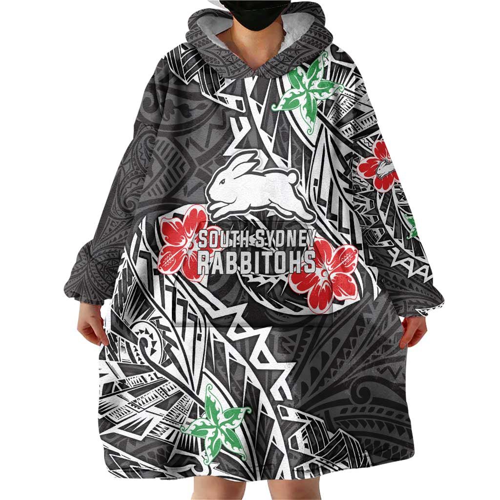 Personalised South Sydney Rabbitohs Wearable Blanket Hoodie Polynesian Tribal Pattern With Rugby Rabbit Mascot Art