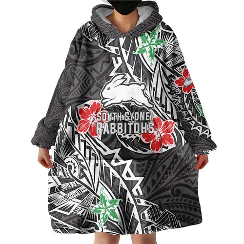 Personalised South Sydney Rabbitohs Wearable Blanket Hoodie Polynesian Tribal Pattern With Rugby Rabbit Mascot Art