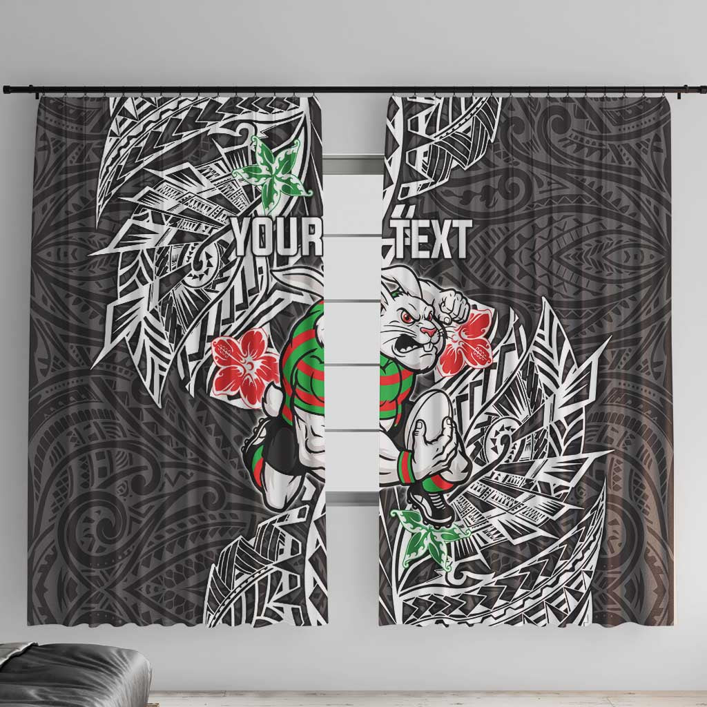Personalised South Sydney Rabbitohs Window Curtain Polynesian Tribal Pattern With Rugby Rabbit Mascot Art