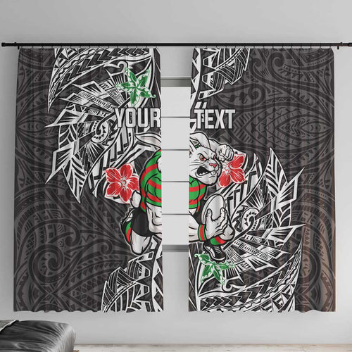Personalised South Sydney Rabbitohs Window Curtain Polynesian Tribal Pattern With Rugby Rabbit Mascot Art