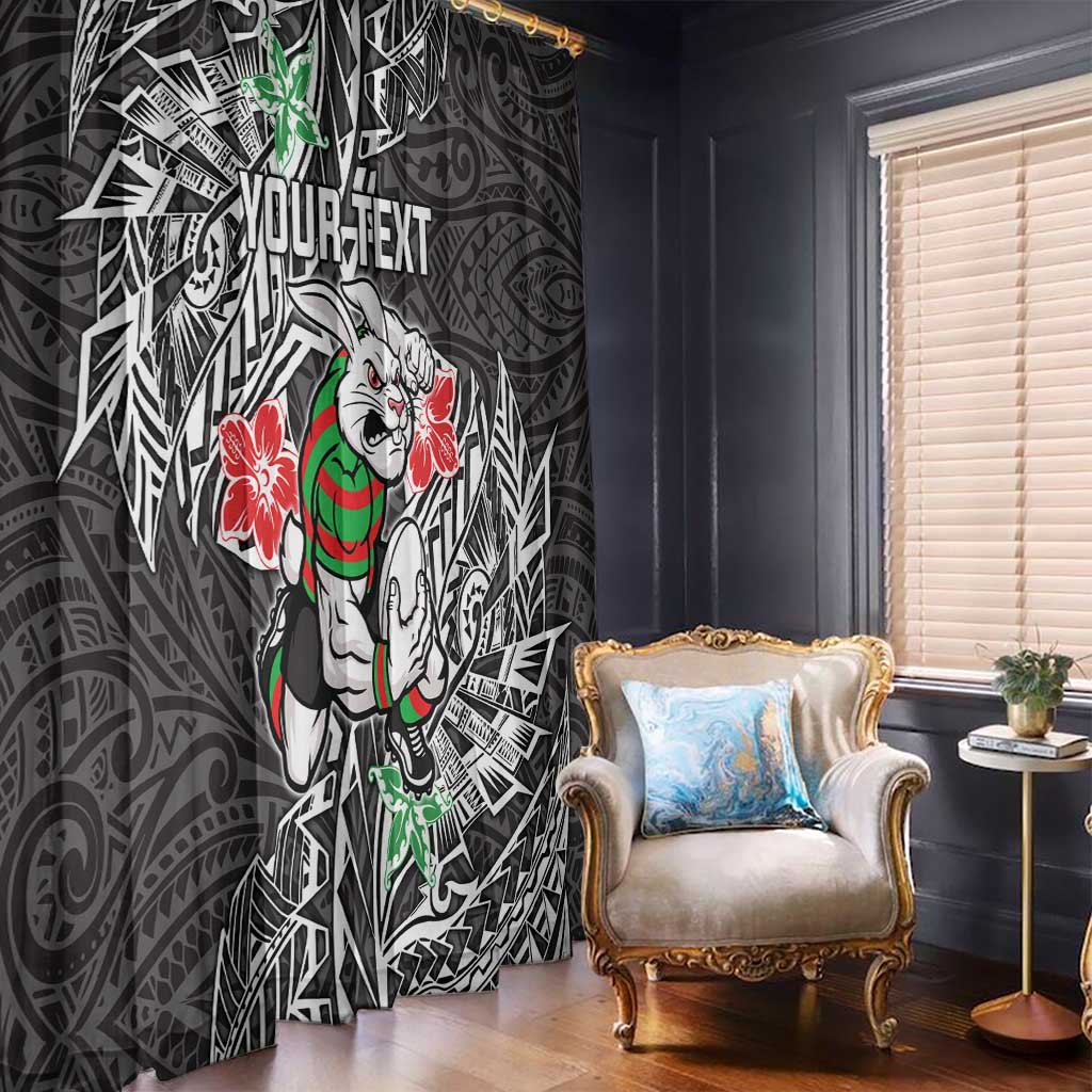 Personalised South Sydney Rabbitohs Window Curtain Polynesian Tribal Pattern With Rugby Rabbit Mascot Art