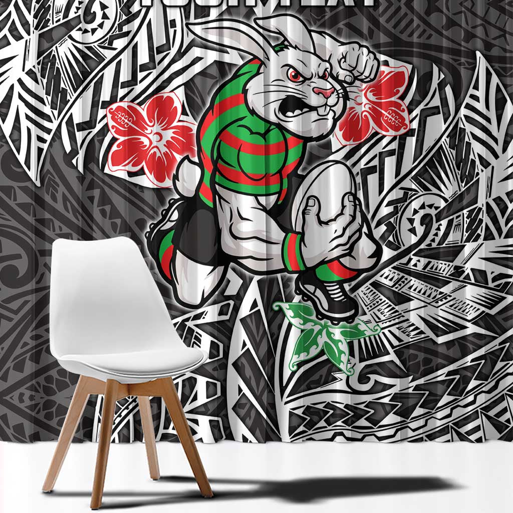 Personalised South Sydney Rabbitohs Window Curtain Polynesian Tribal Pattern With Rugby Rabbit Mascot Art