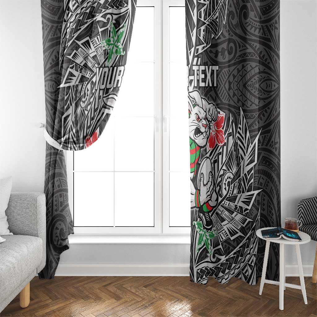 Personalised South Sydney Rabbitohs Window Curtain Polynesian Tribal Pattern With Rugby Rabbit Mascot Art