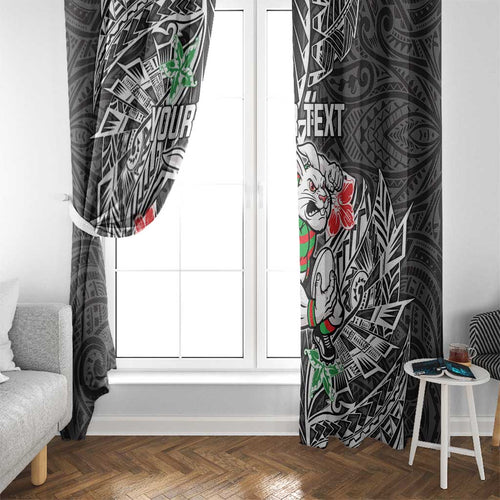 Personalised South Sydney Rabbitohs Window Curtain Polynesian Tribal Pattern With Rugby Rabbit Mascot Art