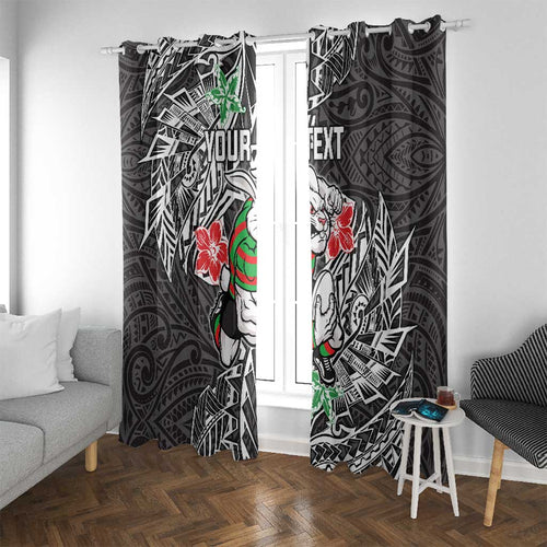 Personalised South Sydney Rabbitohs Window Curtain Polynesian Tribal Pattern With Rugby Rabbit Mascot Art