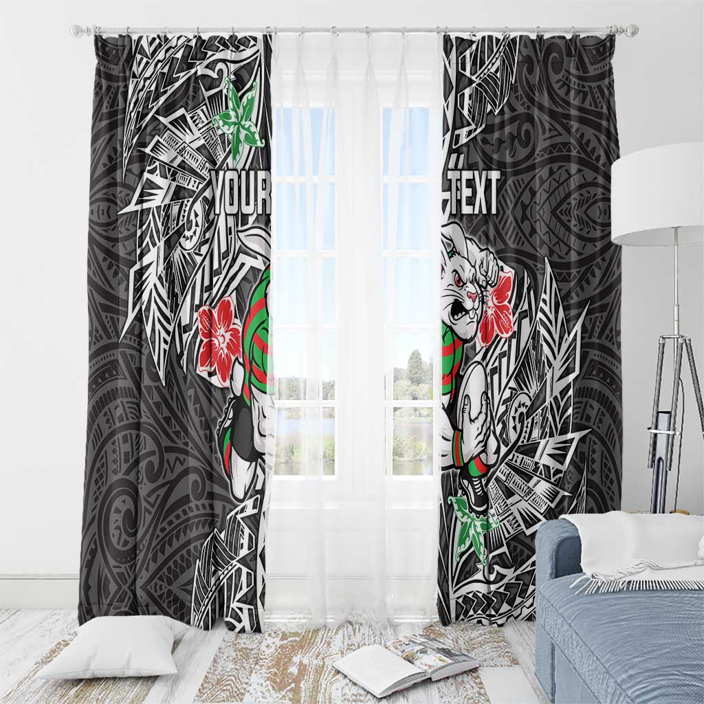 Personalised South Sydney Rabbitohs Window Curtain Polynesian Tribal Pattern With Rugby Rabbit Mascot Art