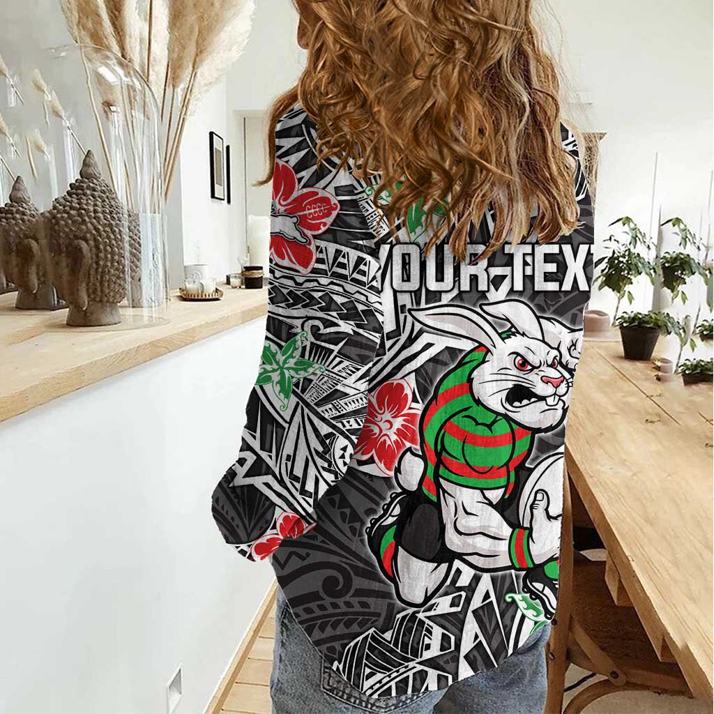 Personalised South Sydney Rabbitohs Women Casual Shirt Polynesian Tribal Pattern With Rugby Rabbit Mascot Art