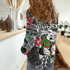 Personalised South Sydney Rabbitohs Women Casual Shirt Polynesian Tribal Pattern With Rugby Rabbit Mascot Art