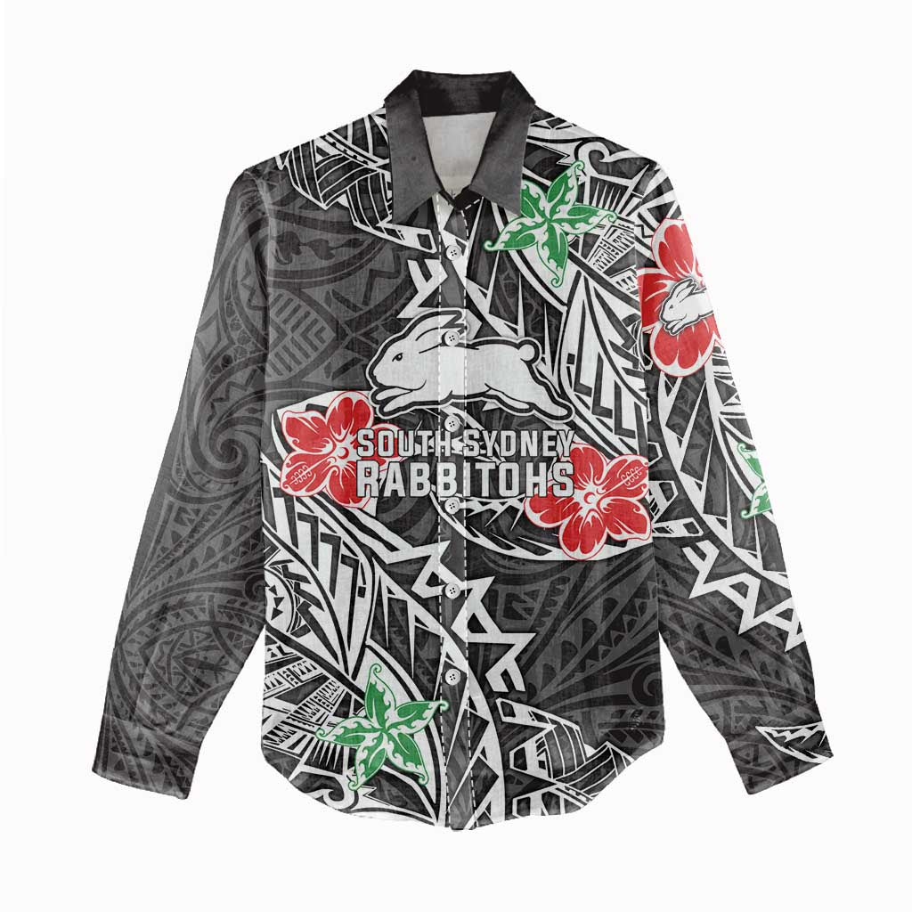 Personalised South Sydney Rabbitohs Women Casual Shirt Polynesian Tribal Pattern With Rugby Rabbit Mascot Art