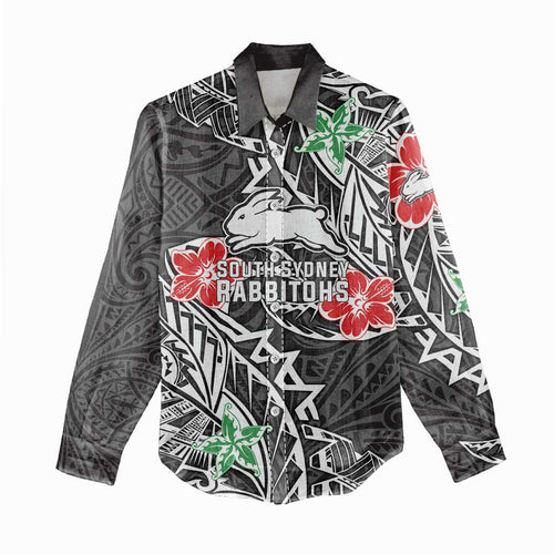 Personalised South Sydney Rabbitohs Women Casual Shirt Polynesian Tribal Pattern With Rugby Rabbit Mascot Art