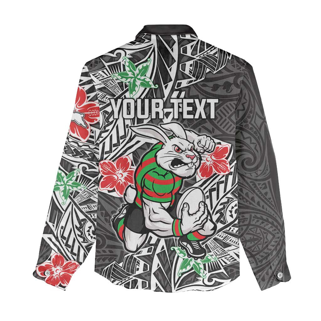 Personalised South Sydney Rabbitohs Women Casual Shirt Polynesian Tribal Pattern With Rugby Rabbit Mascot Art