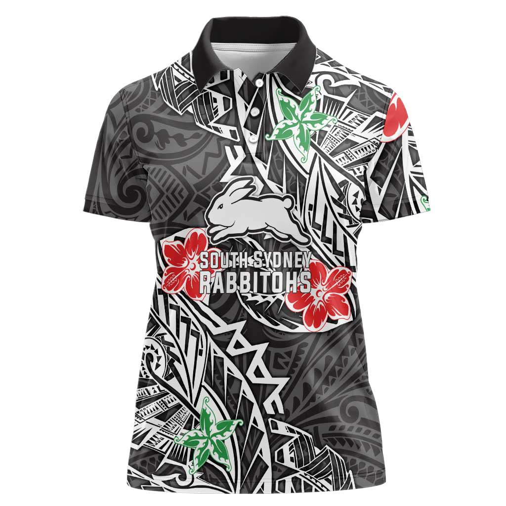 Personalised South Sydney Rabbitohs Women Polo Shirt Polynesian Tribal Pattern With Rugby Rabbit Mascot Art