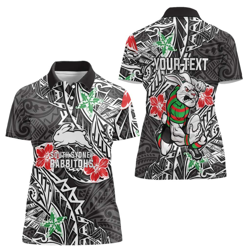 Personalised South Sydney Rabbitohs Women Polo Shirt Polynesian Tribal Pattern With Rugby Rabbit Mascot Art