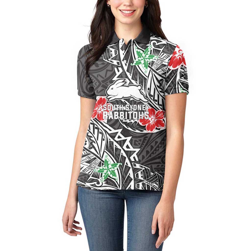 Personalised South Sydney Rabbitohs Women Polo Shirt Polynesian Tribal Pattern With Rugby Rabbit Mascot Art